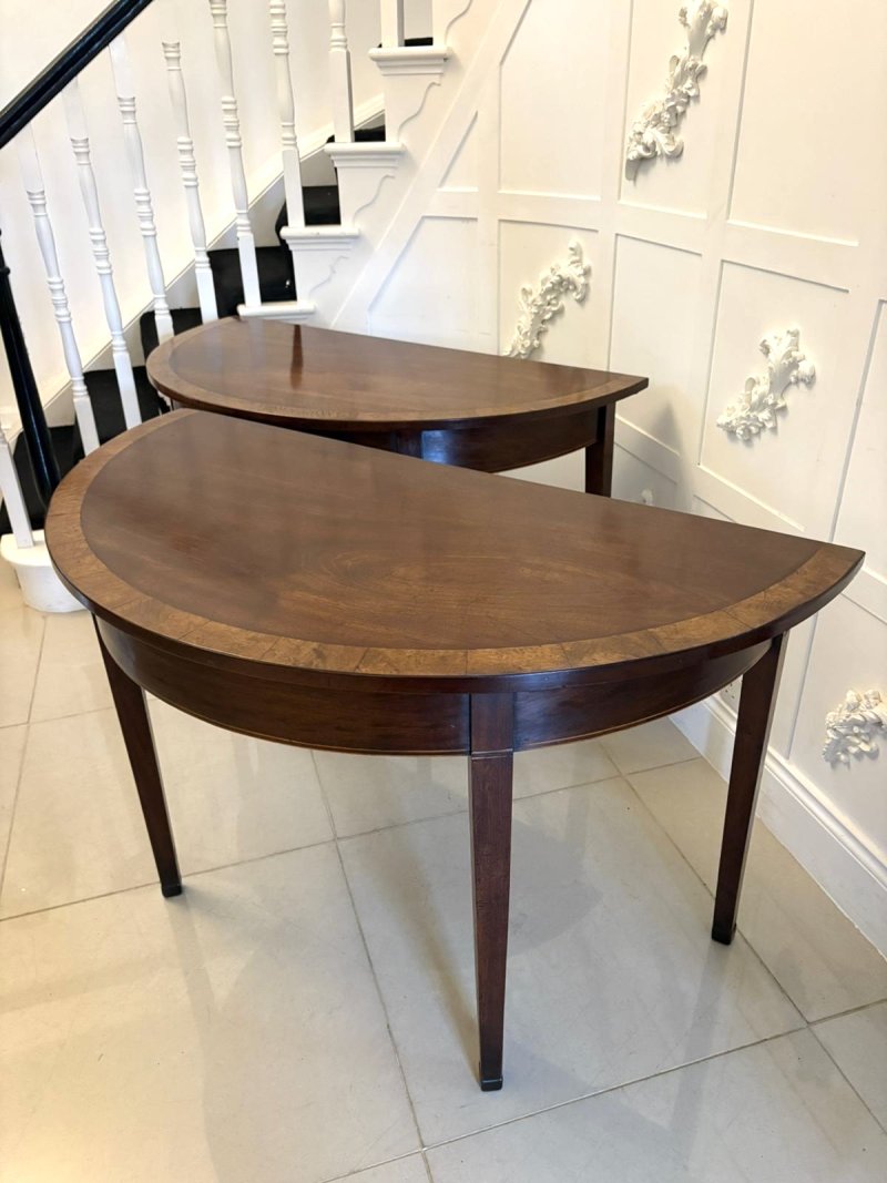 Large Pair of Antique George III Quality Figured Mahogany Demi Lune Console Tables